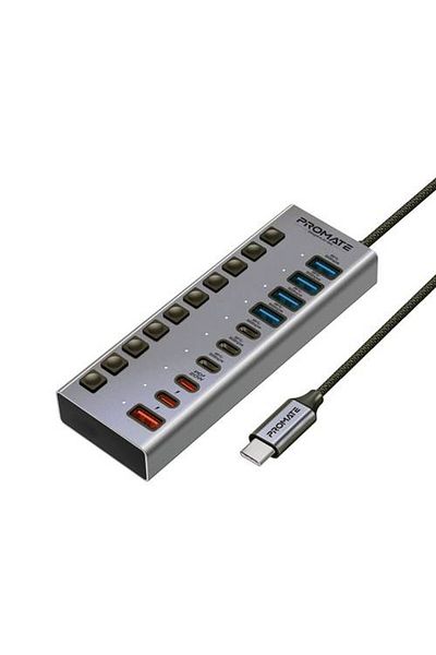 Promate "الأداء الممتاز مع موزع GegaHub-5G متعدد المنافذ 10 في 1، يضم 3 منافذ USB-C و4 منافذ USB-A