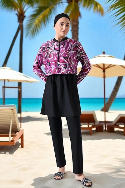 Aselim Hijap Moda Purple Patterned Quick Dry Black Hijab Swimsuit Set |   Size 38-44