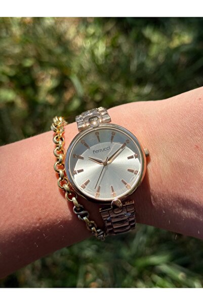 Ferrucci ساعة نسائية من الفولاذ بلون ذهبي وردي، ذات مظهر بسيط وأنيق، لا تتغير...