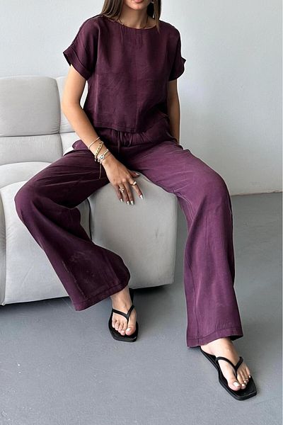 Suzi Short Sleeve Bluz Waist Elastic Wide Pants Set 51163
