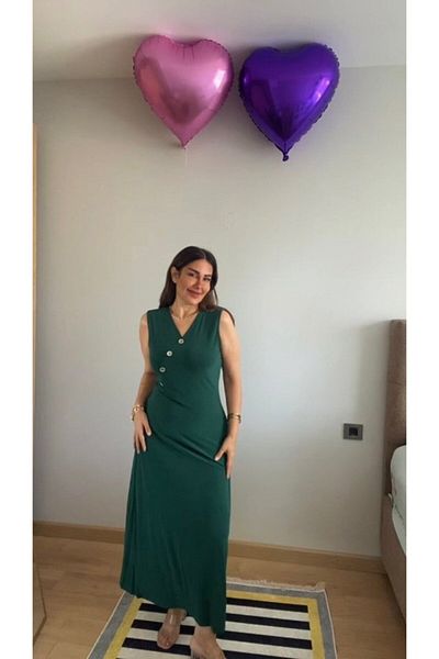 Gökyüzü Moda Women's Double Breasted Collar Button Detail Maxi Length Dress