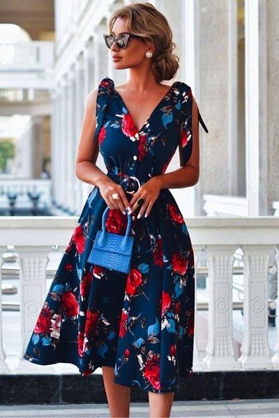 MODAVERA Woman shoulder ribbon detail flower Printed midi dress