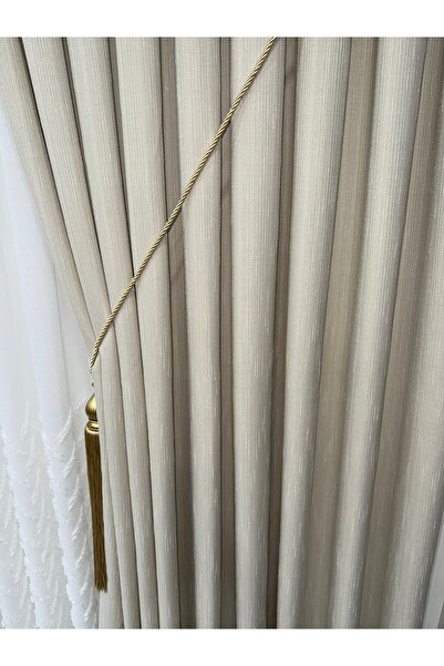Fon Dünyası Krem Çizgili Keten Dokulu Fon Perde (Tek Kanat)
