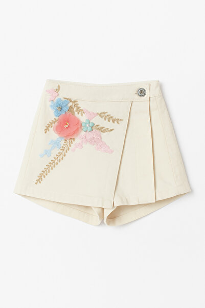 Magu Girl's Cotton Cream Floral Appliqued Shorts Skirt