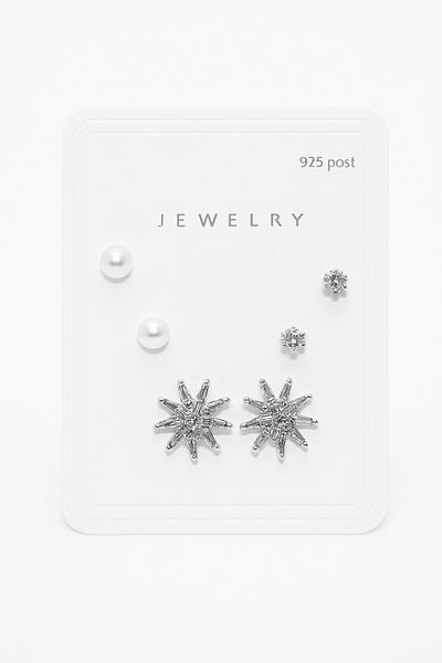 MakeWell 925S Silver Needle Pole Star Design Zircon Stone 3-Piece Earring Set