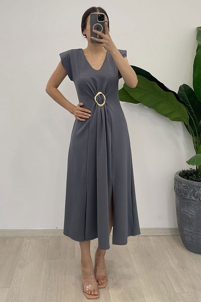 Nazline Women's Padded V-Neck Midiboy Dress with Buckle on the Front