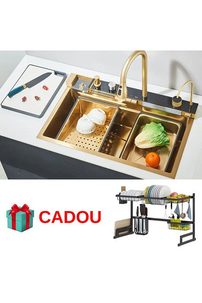 OEM Chiuveta Bucatarie Multifunctionala cu LED, Inox, Auriu + CADOU SCURGATOR VASE