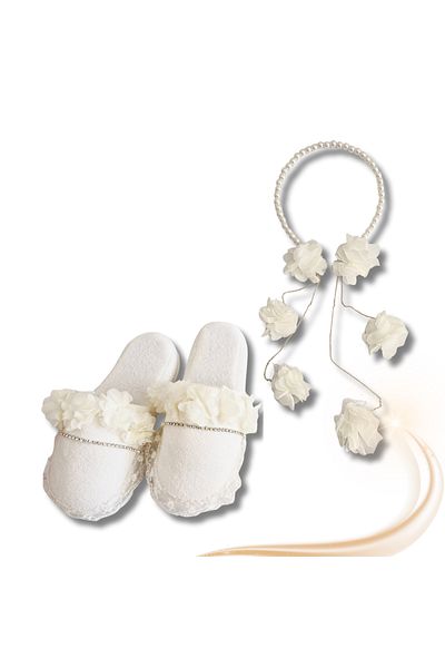 pegu baby collection Maternity Slippers and Pearl Crown Set with Chain Earrings, Bridal Kina Engagement Slippers