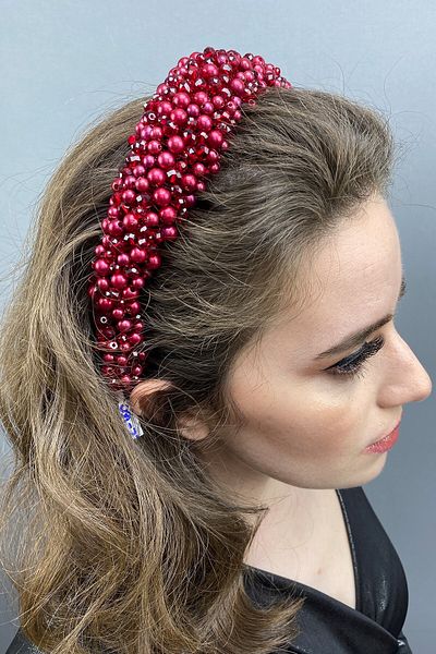 Hayalperest boncuk Dark Red Leal Curved Crystal and Pearl Bridal Hair Accessory