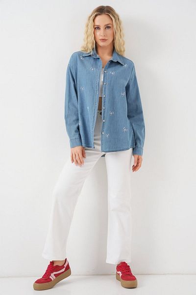 Modayakamoz Bow tie denim shirt 20329 - blue