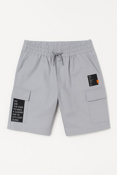 Magu Boy's Cotton Gray Cargo Shorts with Text Detail and Pockets – Summer Shorts with Elastic Waist