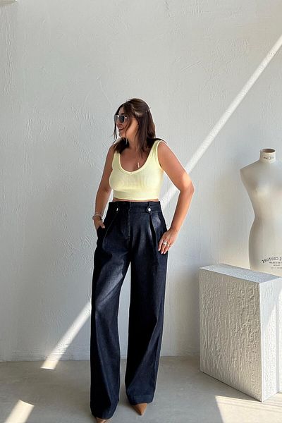 ELVAN TOLON Navy Blue Buttoned Soft Denim Trousers