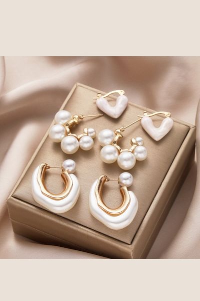 Chiccy Pearl and Enamel Gold 6 Piece Earring Set