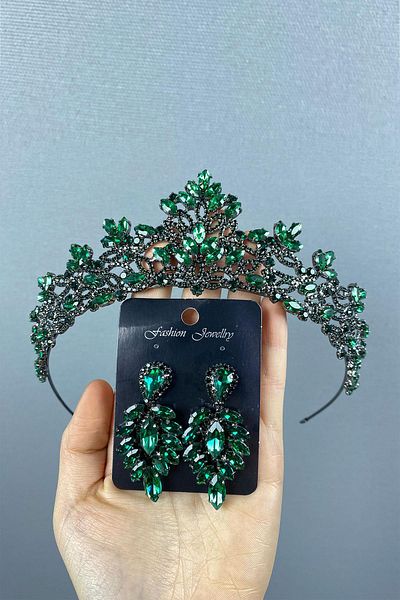 Hayalperest boncuk Melis Bridal Henna Crown and Shuttle Stone Earrings