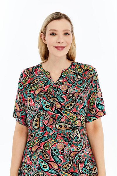 LİKAPA Colorful Pink Shawl Pattern Short Sleeve Viscose Summer Mother Dress