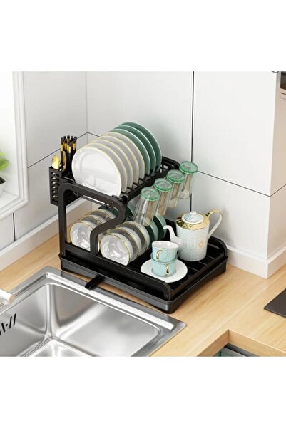 OricareFain Automatic Dish Rack with Utensil and Glass Holders, 30 x 42 x 31.5 cm, Black