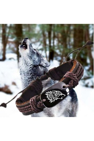 OEM Leather Bracelet, Wolf Pendant. Brown