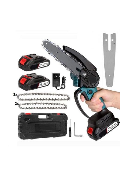 divendi-ro Cordless mini electric chainsaw with 2 blades of 4" and 6", 4 chains, 2 batteries 1300mAh and 300W