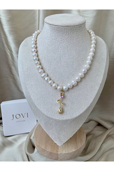 JOVİ ATELİER Sertifikalı Doğal 8mm İnci Kolye Çelik Aparat Gül Charm