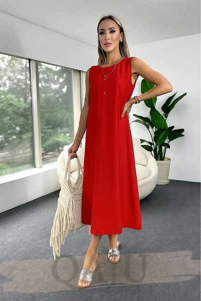 Qaju Women's Modal Fabric Midi Sleeveless Bell Dress -Red