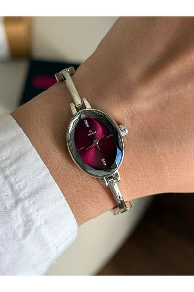 RoseandRoses Bonita Vintage Round Case Thin Cord Women Wrist Watch Silver Color (Burgundy Dial)