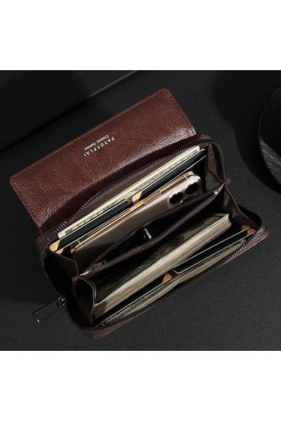 OEM Men's long double leather wallet with buckle and zipper - Brown