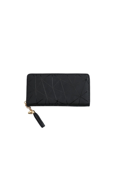 OEM Long wallet for women, PU leather, minimalist design with geometric pattern and zipper - Black