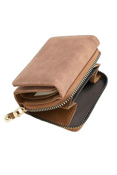 OEM Minimalist small wallet with zipper, tri-fold, lightweight and compact, Brown
