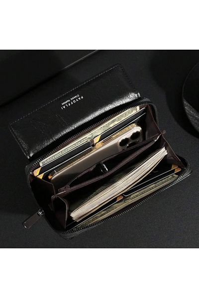 OEM Men's long double leather wallet with buckle and zipper - Black