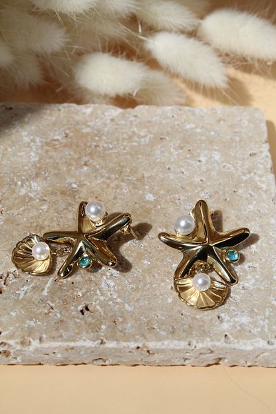Luvix Design Gold Color Steel Earrings with Pearl and Stone Detailed Starfish Design