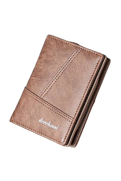 OEM Men's Leather Wallet, Double Bifold with Zipper, Decorative Stitching - Brown
