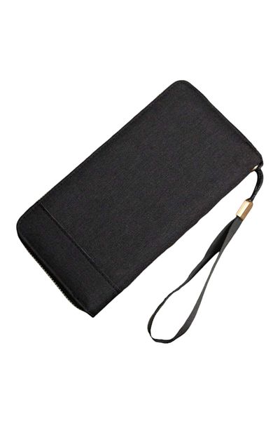 OEM Minimalist Business Wallet Made of Fabric, Unisex, Bifold with Zipper, - Black