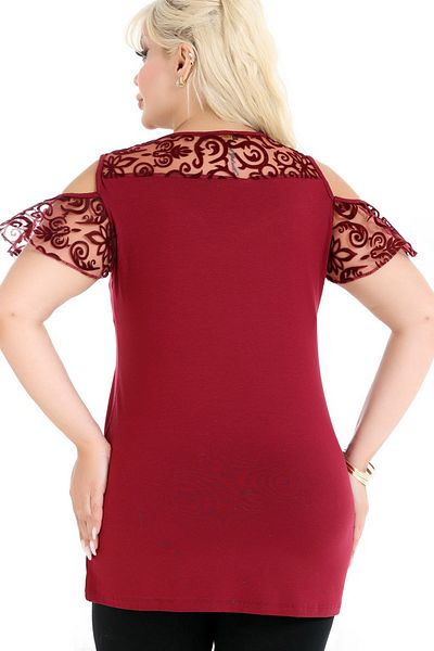 Kheos Round Toe Short Flounced Sleeve Bust Ruffled Bust and Sleeve Tulle Comfortable Fit Stretchy Plus Size Blouse