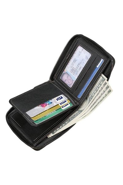 OEM Men's Leather Wallet with Zipper, Retro Style, - Black