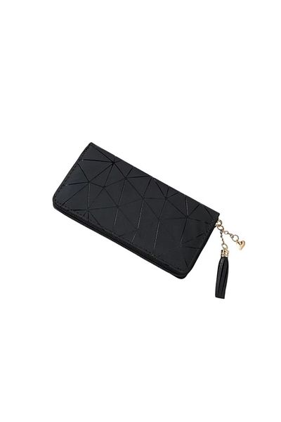 OEM Long wallet for women, PU leather, minimalist design with geometric pattern and zipper - Black