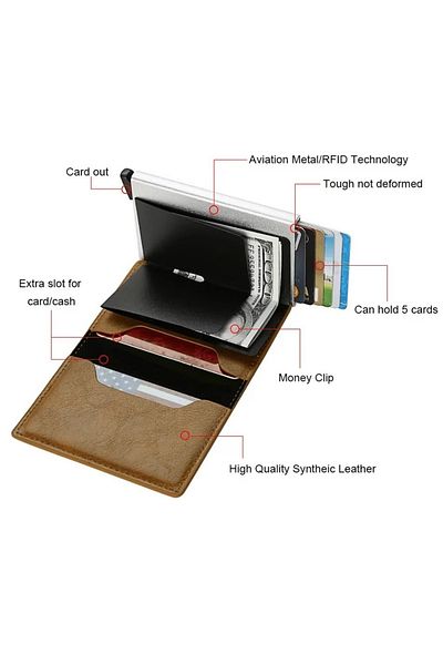 OEM Premium Trifold Aluminum Alloy and PU Leather RFID Blocking Card Wallet - Brown