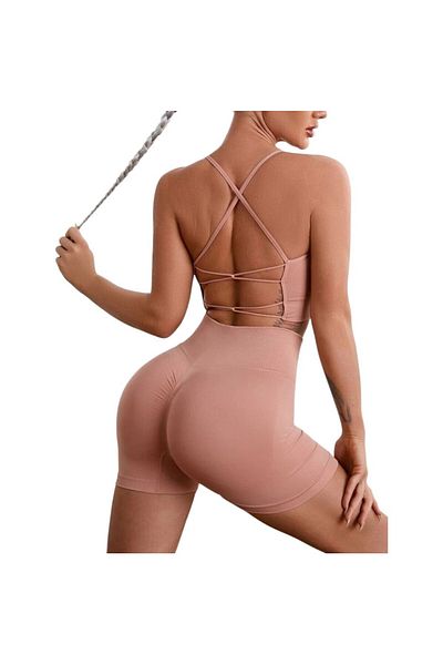 OEM 2 Piece Fitness Set, Backless Top, Push Up Leggings, Pink