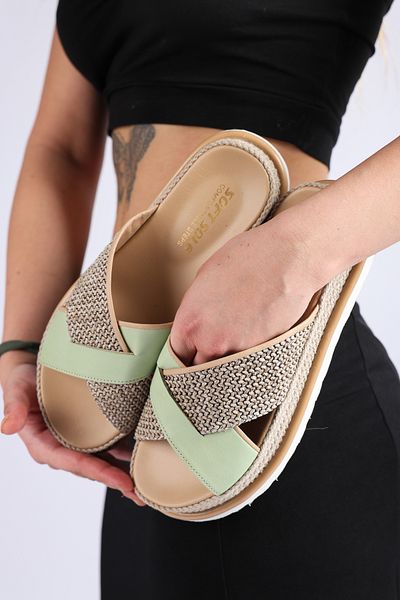 SOFT Women's Sole Beige Straw Knitted Water Green Banded Slippers – Orthopedic Sole Summer Model