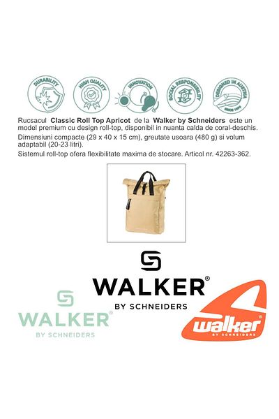 walker Rucsac Classic Roll Top Apricot, By Schneiders, 29 X 40 X 15 Cm, 20-23 L, Coral-deschis