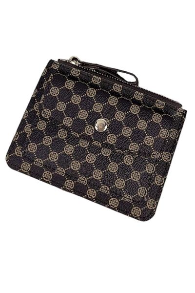 OEM Small wallet for women, minimalist style, with zipper and clasp, PU leather, coffee brown color