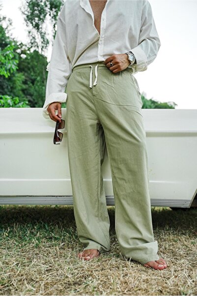 OUTFİT MAN Λινό με δέσιμο στη μέση, φαρδύ, σε χρώμα μέντας