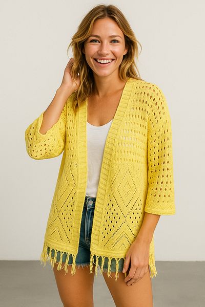 Noi Belis Light Yellow Midi Length Openwork Tassel Detailed Cardigan Ss25Hı0004