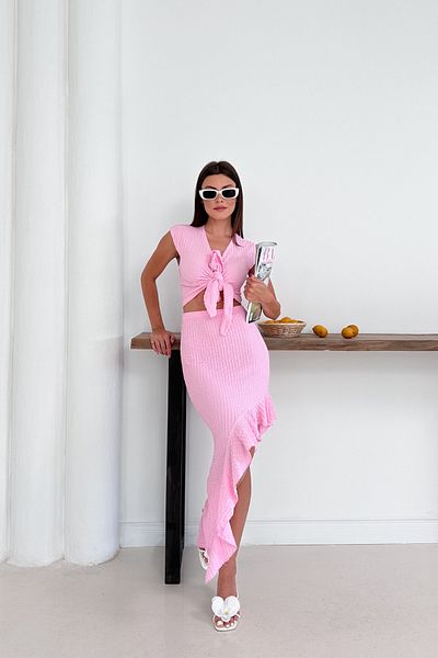 MOZENA Seersucker Fabric Front Tie Detail Skirt and Crop Set
