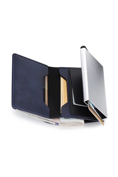OEM Trifold card wallet, made of aluminum and PU leather, RFID blocking - Blue