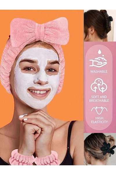 Cinderella 16Pcs Soft Towel Hair Band and Wristband Makeup Practice Set Pink - Women's Skin Care Hair Clip