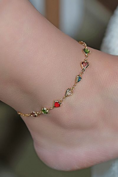 ÖZÜM TAKI Women's Colorful Stone Heart Detail Ankle Bracelet