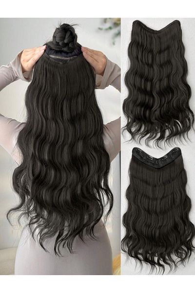 AKOLİFE Dark Brown Water Wave Extra Wide Half Moon Snap Hairpiece Hair