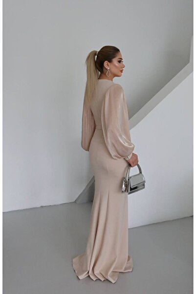 Monchoix Kadın Kruvaze Sim Detaylı Kolları ve Göğüs Çaprazı Şifonlu Tam Boy Abiye Elbise