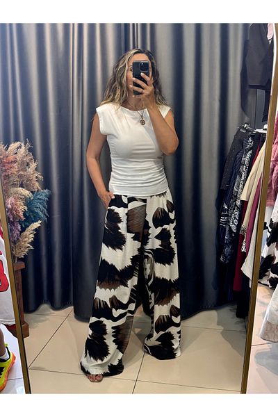 Rozella Butik Brown Patterned Trousers Elastic Waist Palazzo Trousers