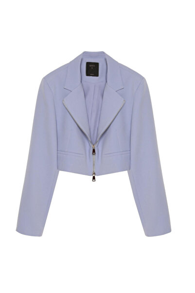 Quzu Önden Fermuarlı Crop Blazer Ceket Mavi